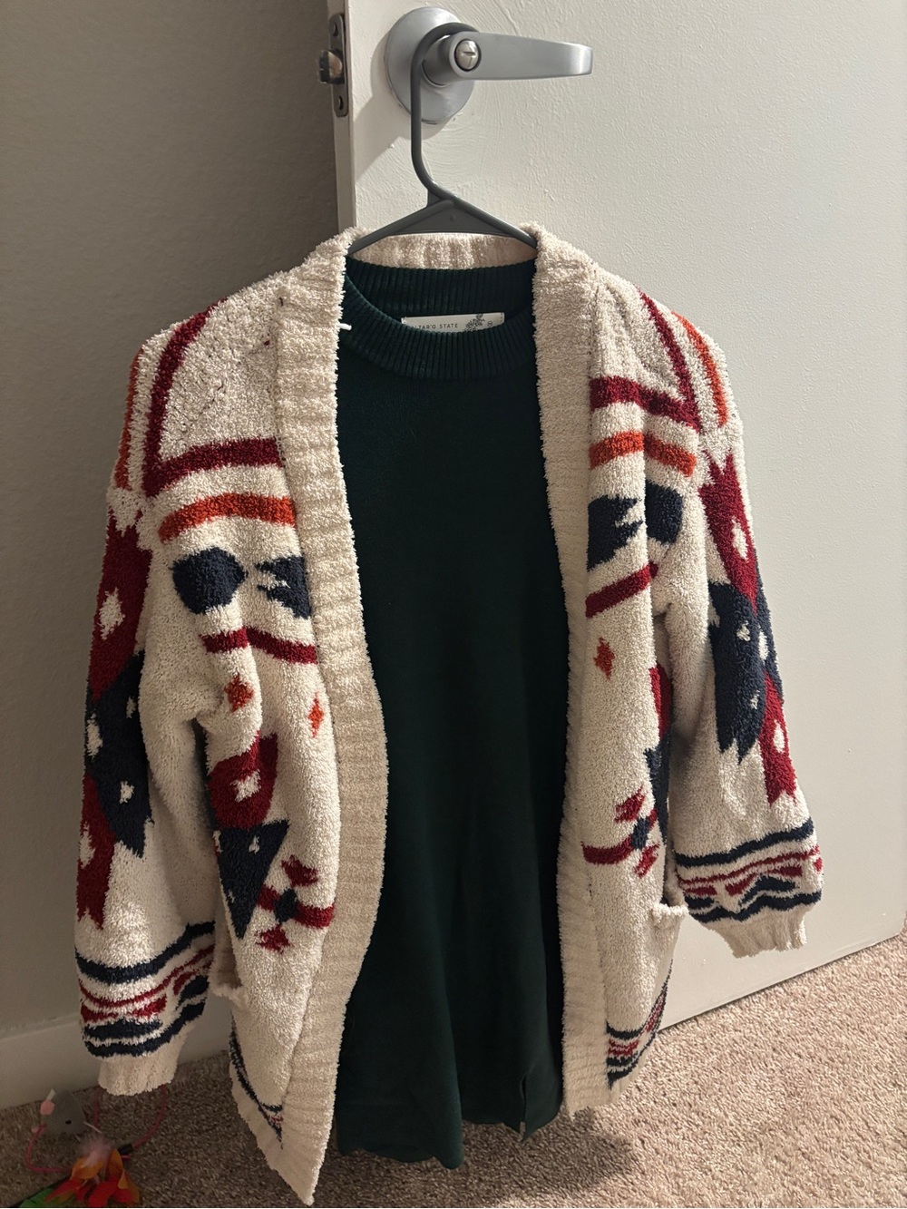 Cozy Cream & Red Patterned Women's Cardigan Sweater